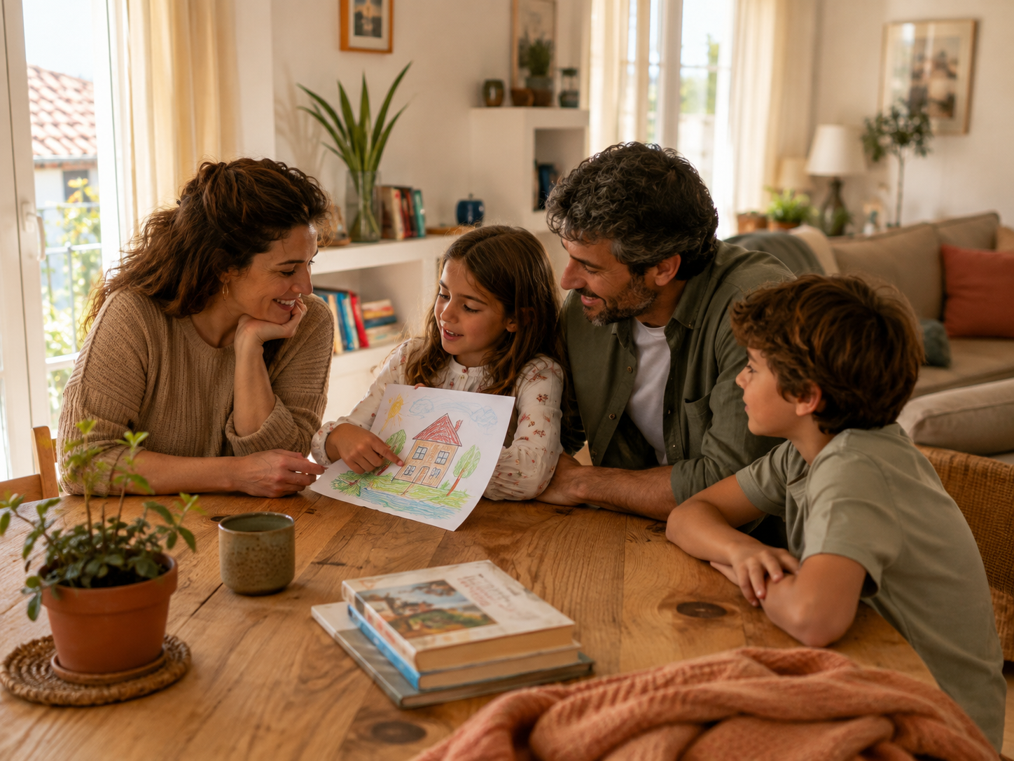 Família feliz em casa, a partilhar um momento numa sala cheia de luz natural