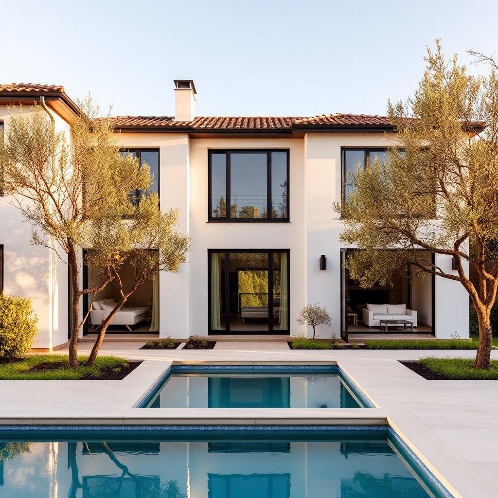 Modern villa with pool and olive trees